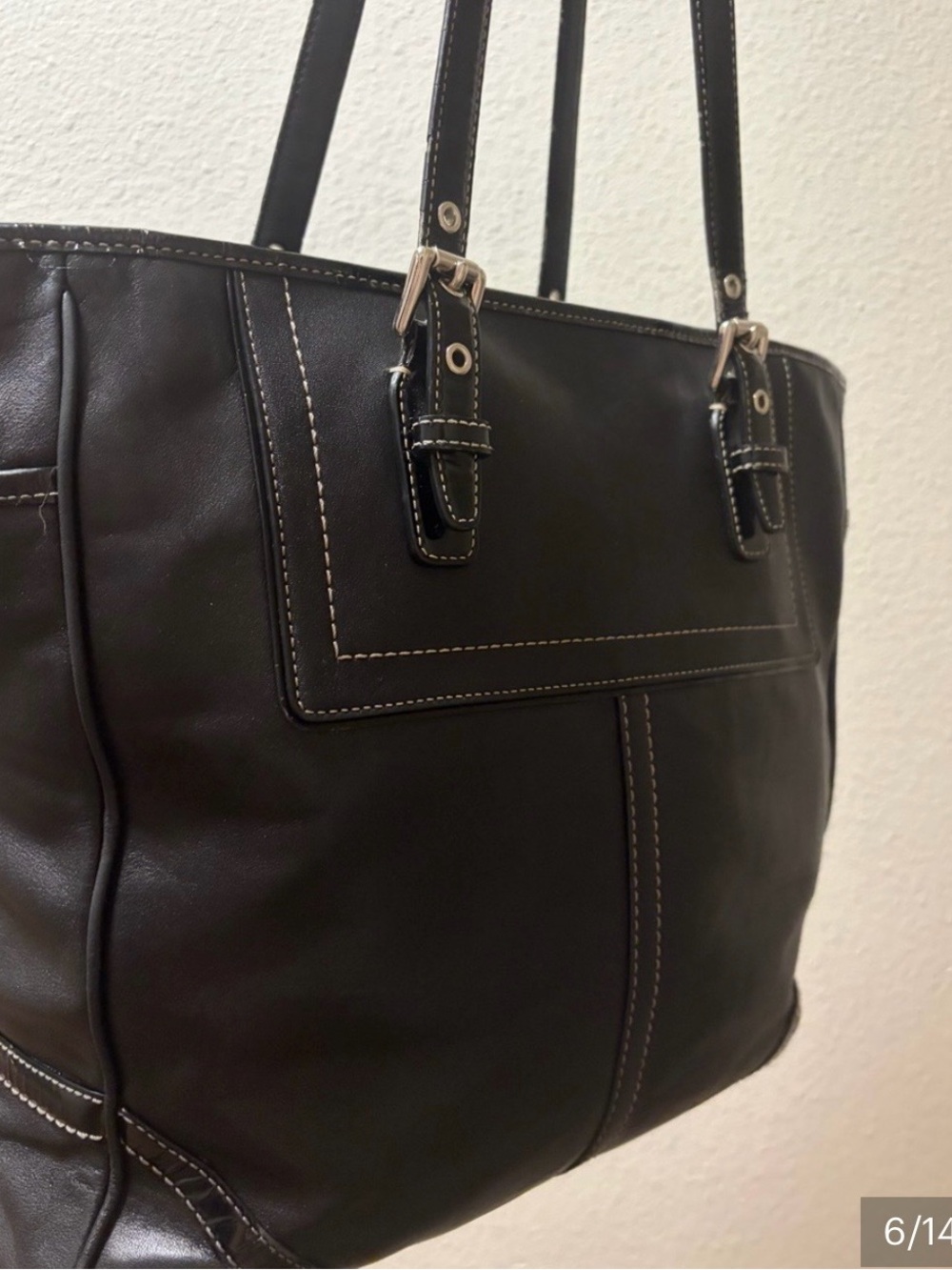 Coach Black Leather Tote with Contrast Stitching - Picture 4 of 11